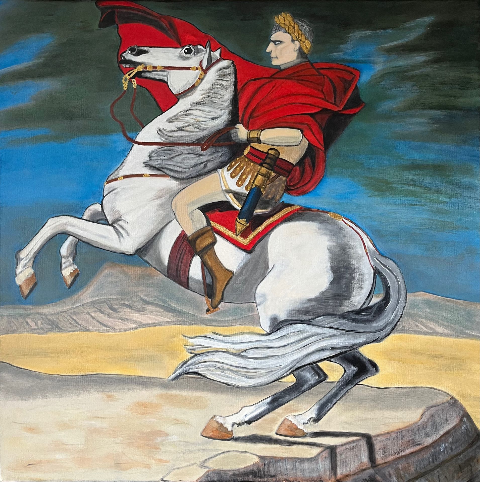 Peinture Homme à cheval cabré acrylique antique César Napoléon